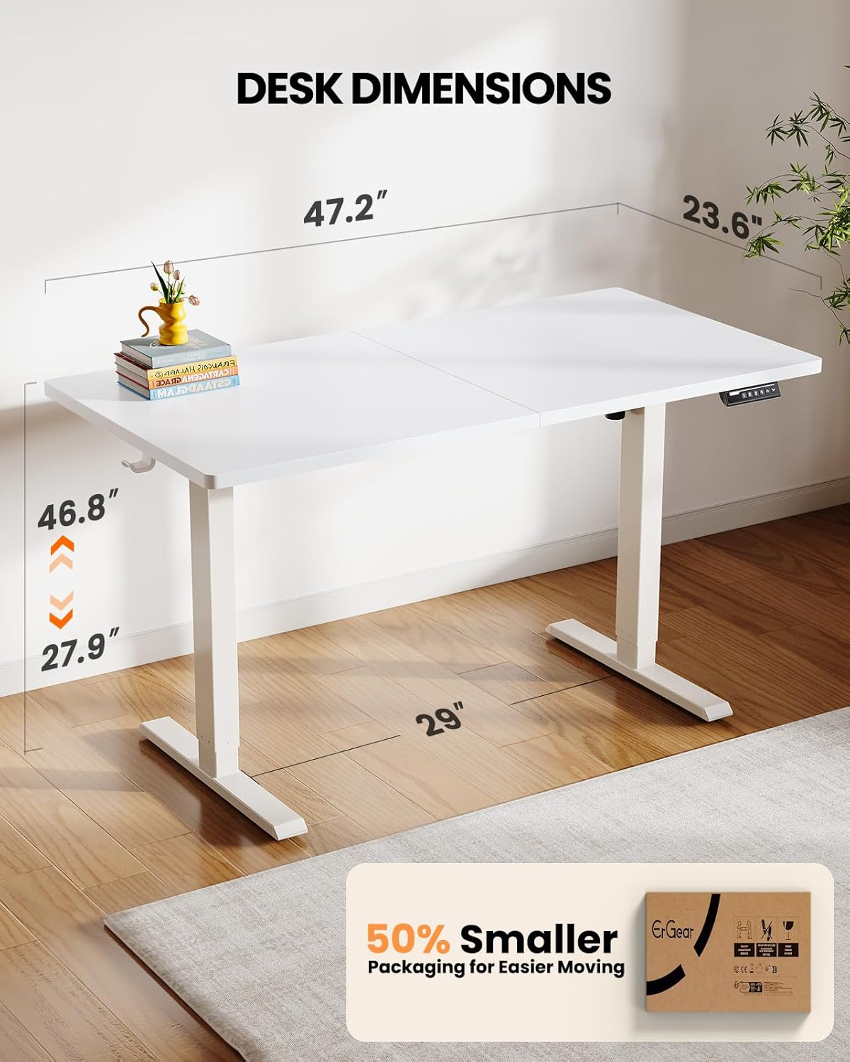 ErGear Electric Standing Desk, 48 x 24 inch Height Adjustable Sit Stand Up Desk, Computer Home Office Desk with 4 Memory Height Buttons, Two Pieces Desktop, White, EGESD110W - Image 3