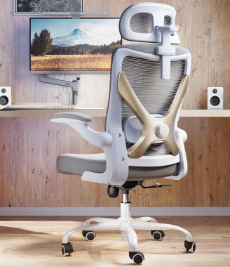 Ergonomic Office Chair - X-Shaped Computer Desk Chair Comfy, Gaming Chair, Office Chair with Lumbar Support, Mesh Office Chairs with Headrests, Desk Chair for Long Hours (Grey Gold)