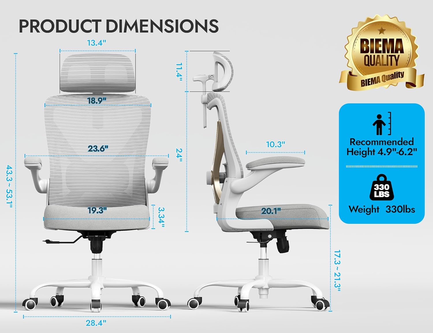 Ergonomic Office Chair - X-Shaped Computer Desk Chair Comfy, Gaming Chair, Office Chair with Lumbar Support, Mesh Office Chairs with Headrests, Desk Chair for Long Hours (Grey Gold) - Image 2