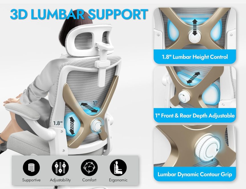 Ergonomic Office Chair - X-Shaped Computer Desk Chair Comfy, Gaming Chair, Office Chair with Lumbar Support, Mesh Office Chairs with Headrests, Desk Chair for Long Hours (Grey Gold) - Image 3