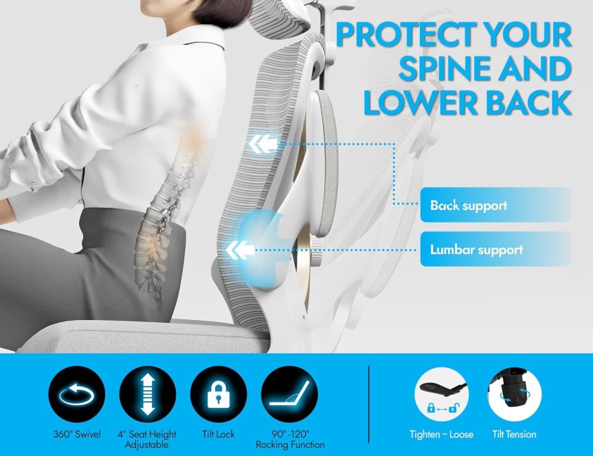 Ergonomic Office Chair - X-Shaped Computer Desk Chair Comfy, Gaming Chair, Office Chair with Lumbar Support, Mesh Office Chairs with Headrests, Desk Chair for Long Hours (Grey Gold) - Image 5