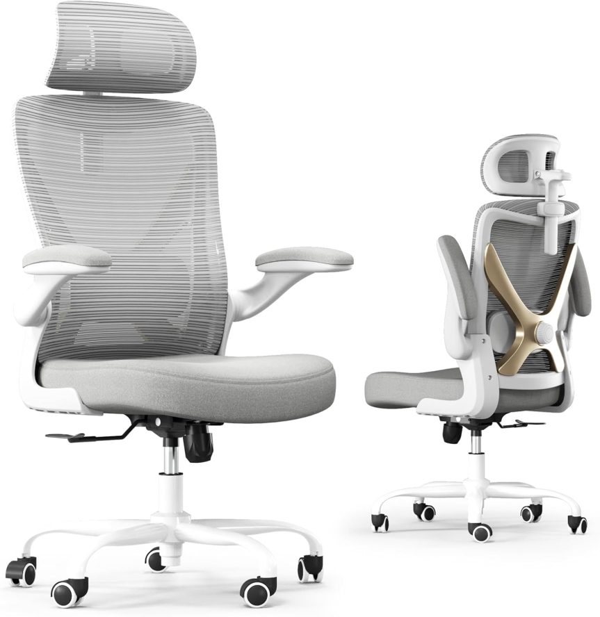 Ergonomic Office Chair - X-Shaped Computer Desk Chair Comfy, Gaming Chair, Office Chair with Lumbar Support, Mesh Office Chairs with Headrests, Desk Chair for Long Hours (Grey Gold) - Image 6