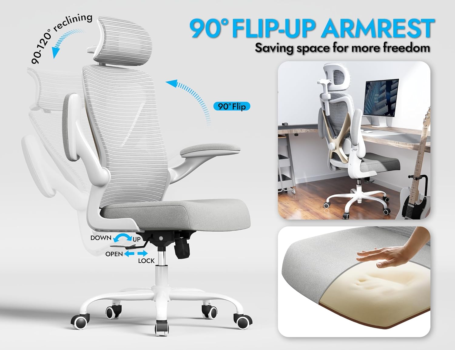 Ergonomic Office Chair - X-Shaped Computer Desk Chair Comfy, Gaming Chair, Office Chair with Lumbar Support, Mesh Office Chairs with Headrests, Desk Chair for Long Hours (Grey Gold) - Image 7