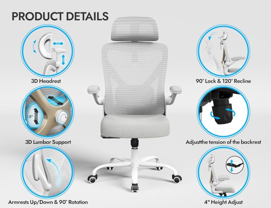 Ergonomic Office Chair - X-Shaped Computer Desk Chair Comfy, Gaming Chair, Office Chair with Lumbar Support, Mesh Office Chairs with Headrests, Desk Chair for Long Hours (Grey Gold) - Image 8