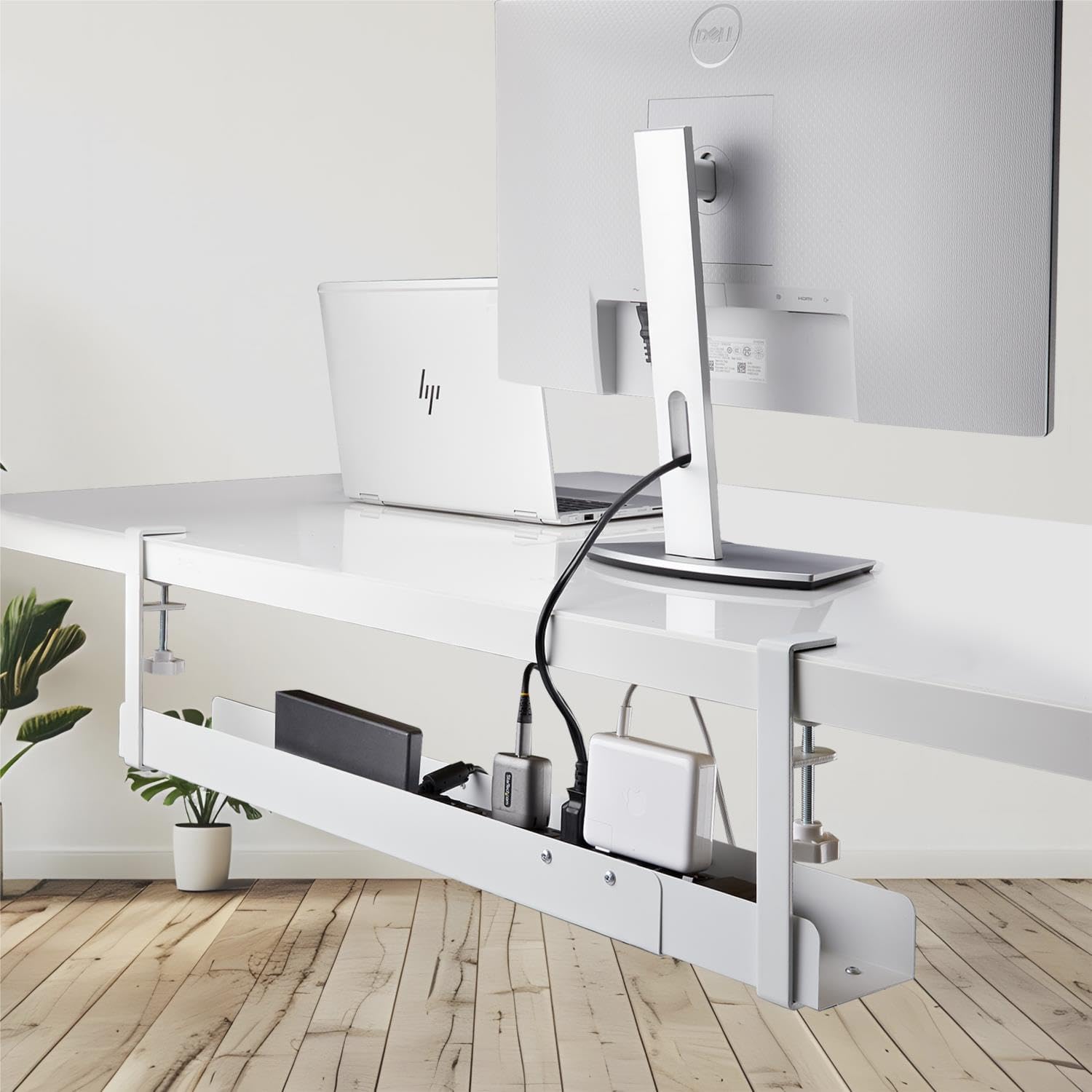 StarTech.com Under Desk Cable Management Tray, Length Adjustable, Clamp-On Installation, No Drilling Required, White - Image 7