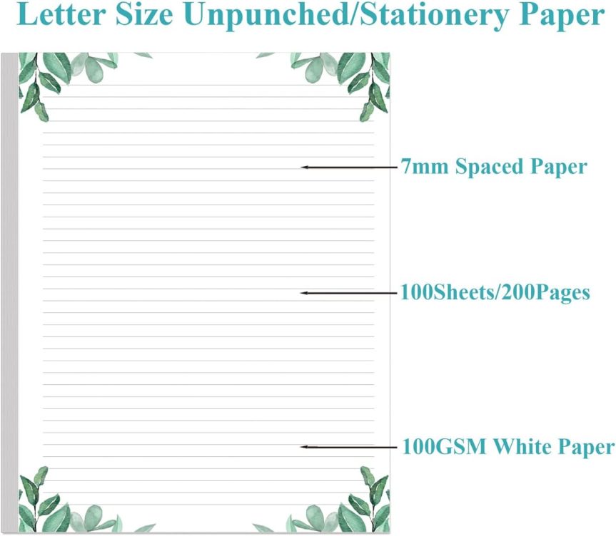 Stationery Lined Paper, Letter Size Unpunched Ruled Filler Paper, 100Sheets/200Pages Loose-Leaf Line, 100gsm, 8.5'' x 11'', Leaf - Image 2