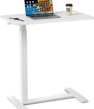 Sweetcrispy Overbed Bedside Table with Wheels, Adjustable Hospital & Home Use Bed Table, Rolling Laptop Table, Mobile Standing Desk, White