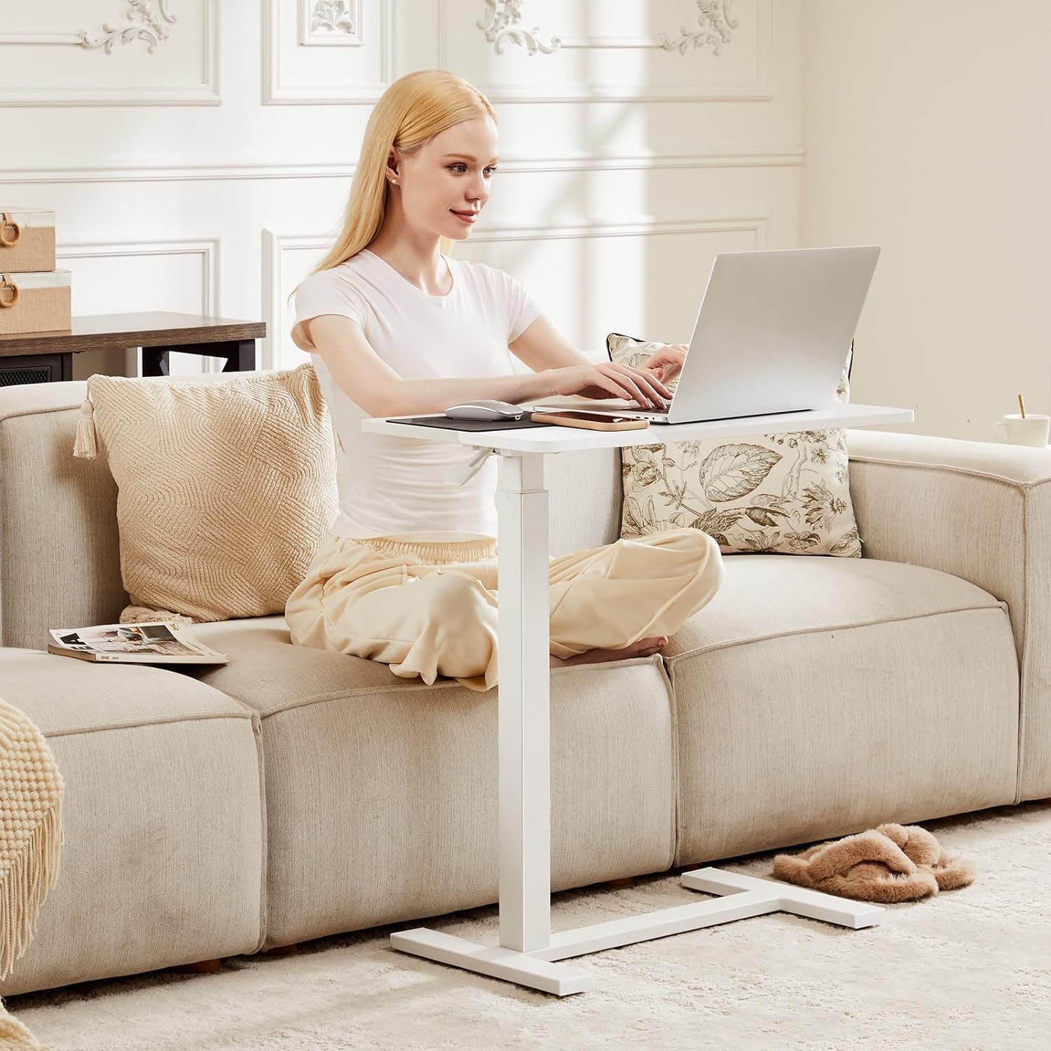 Sweetcrispy Overbed Bedside Table with Wheels, Adjustable Hospital & Home Use Bed Table, Rolling Laptop Table, Mobile Standing Desk, White - Image 2