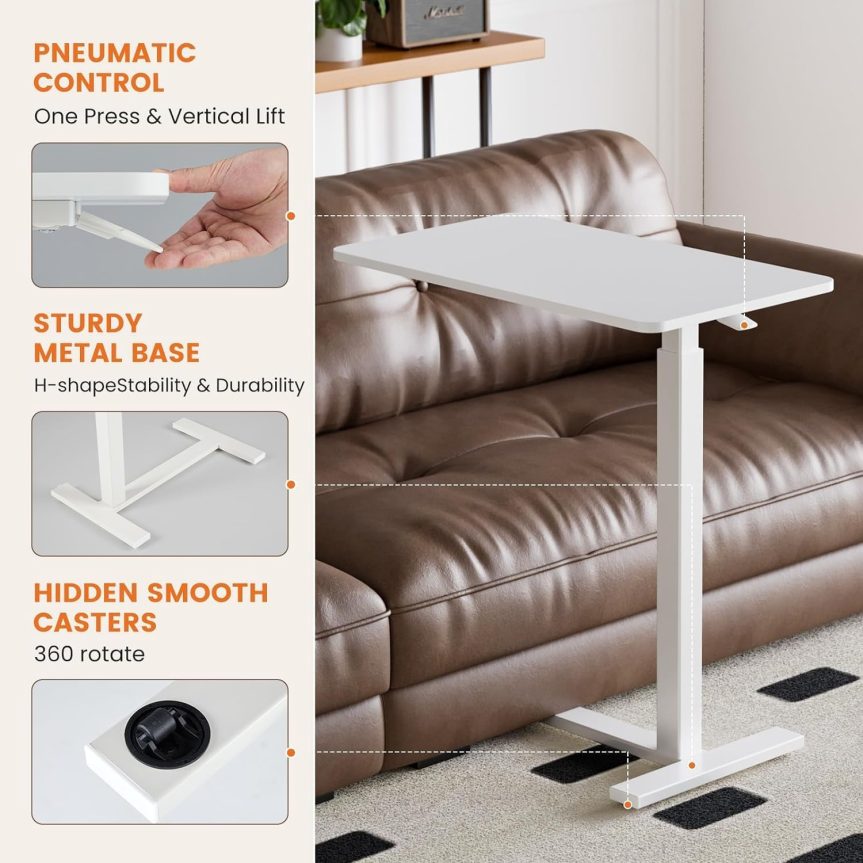 Sweetcrispy Overbed Bedside Table with Wheels, Adjustable Hospital & Home Use Bed Table, Rolling Laptop Table, Mobile Standing Desk, White - Image 4