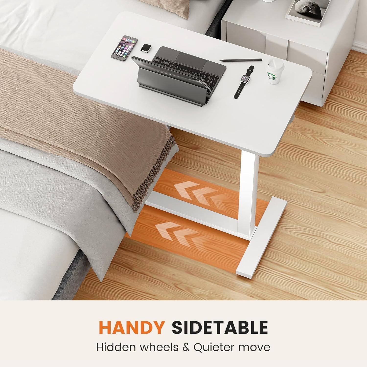 Sweetcrispy Overbed Bedside Table with Wheels, Adjustable Hospital & Home Use Bed Table, Rolling Laptop Table, Mobile Standing Desk, White - Image 5