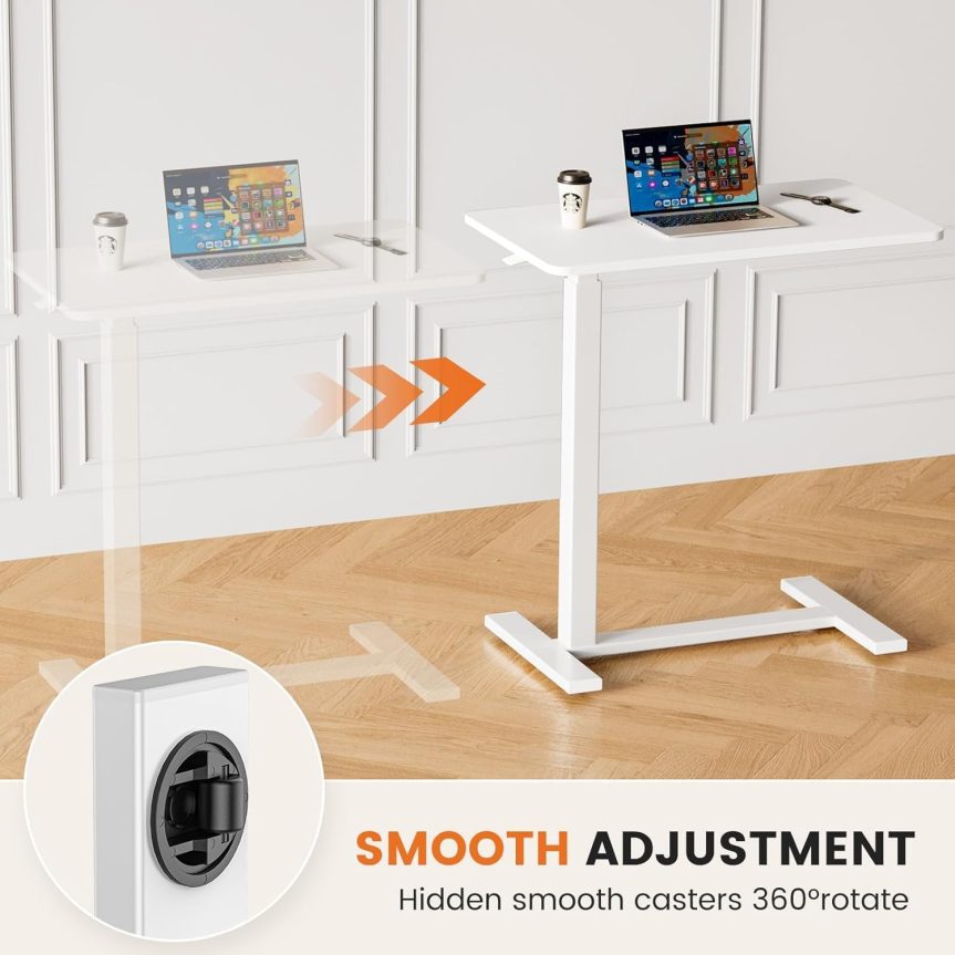 Sweetcrispy Overbed Bedside Table with Wheels, Adjustable Hospital & Home Use Bed Table, Rolling Laptop Table, Mobile Standing Desk, White - Image 6