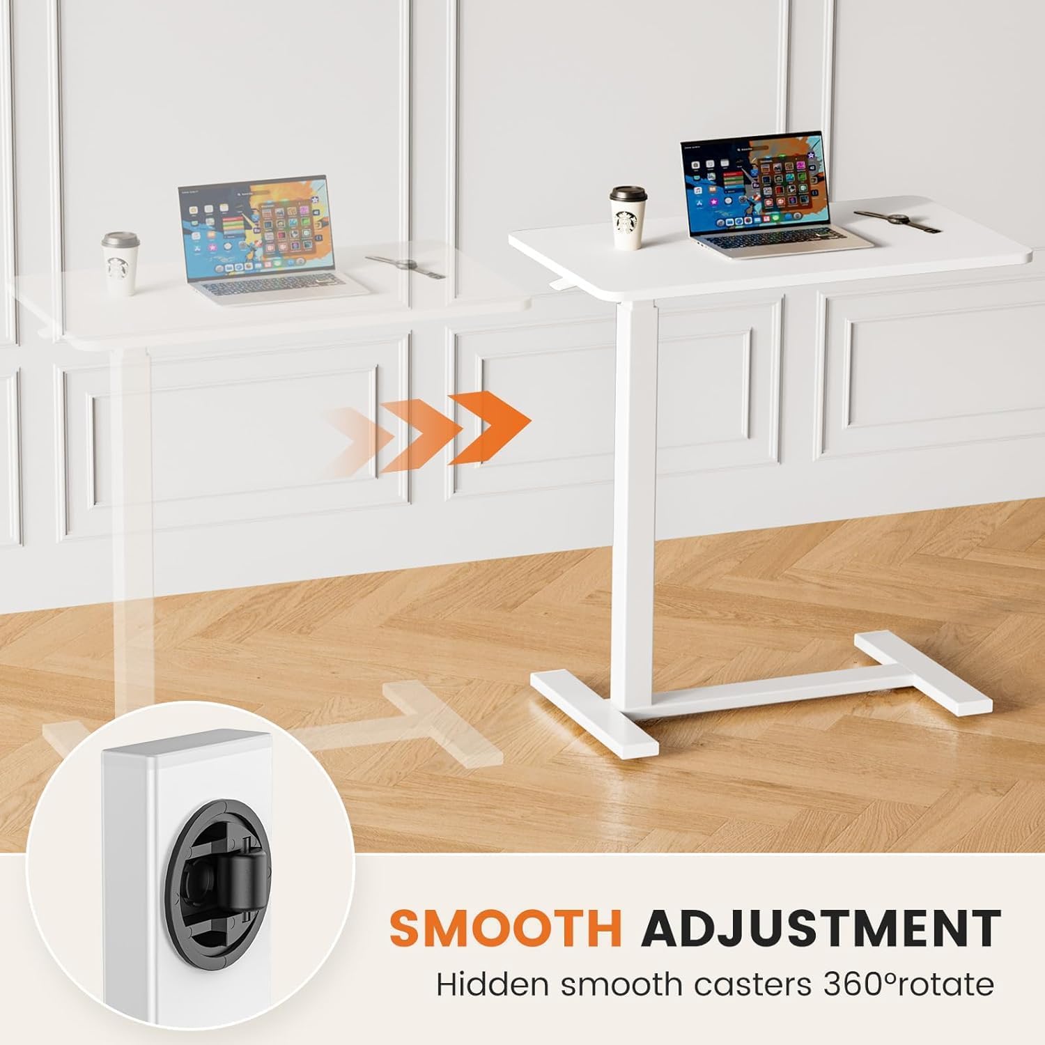 Sweetcrispy Overbed Bedside Table with Wheels, Adjustable Hospital & Home Use Bed Table, Rolling Laptop Table, Mobile Standing Desk, White - Image 6