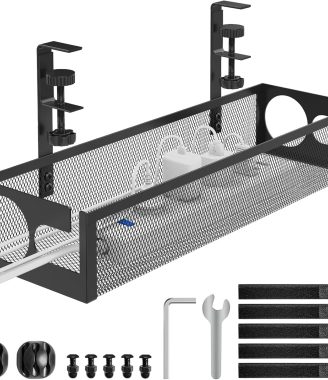 Under Desk Cable Management Tray No Drill 15.4’’, Metal Mesh Cable Management Box with Hybrid Side Slots & Reinforced Basket,Adjustable Cable Tray with Wire Management for Office Home,1 Pack (Black)