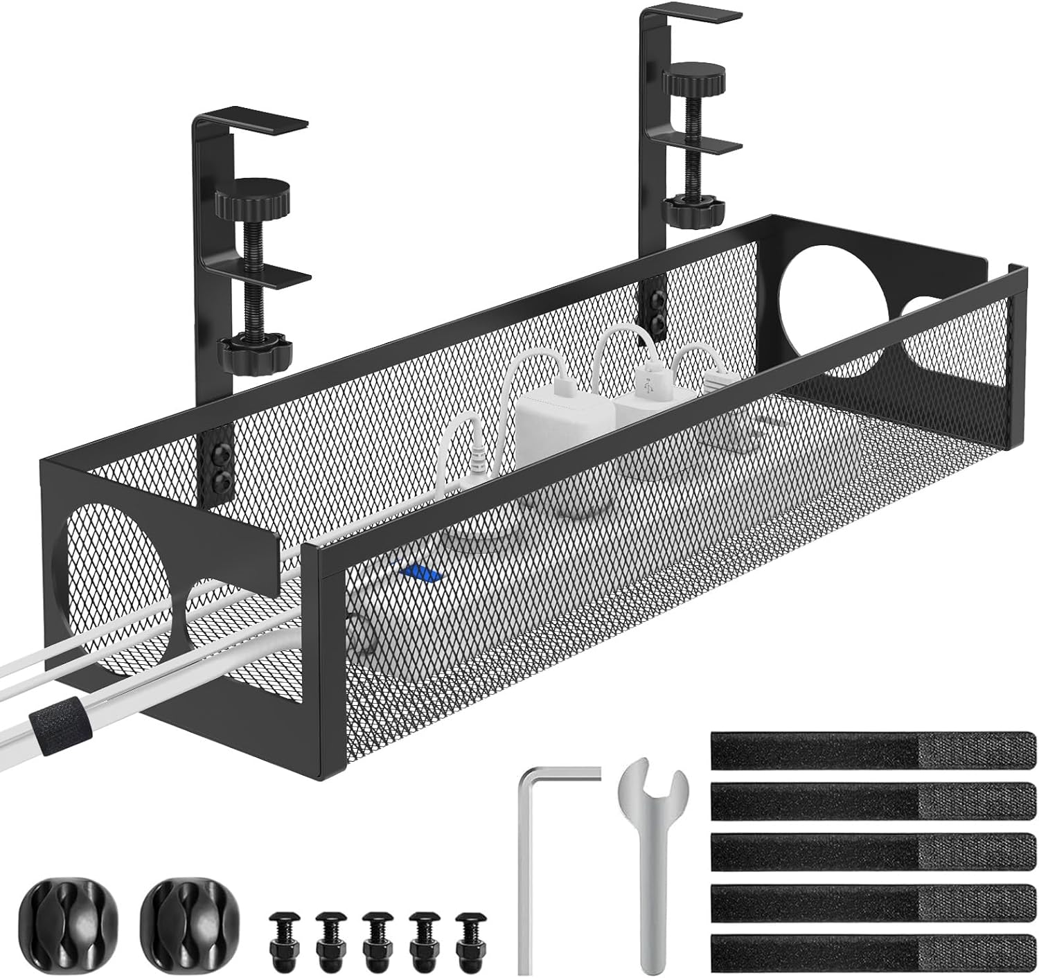 Under Desk Cable Management Tray No Drill 15.4’’, Metal Mesh Cable Management Box with Hybrid Side Slots & Reinforced Basket,Adjustable Cable Tray with Wire Management for Office Home,1 Pack (Black)
