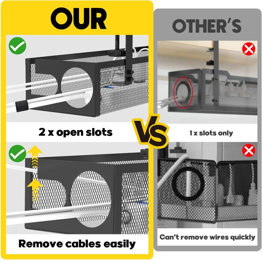 Under Desk Cable Management Tray No Drill 15.4’’, Metal Mesh Cable Management Box with Hybrid Side Slots & Reinforced Basket,Adjustable Cable Tray with Wire Management for Office Home,1 Pack (Black) - Image 2