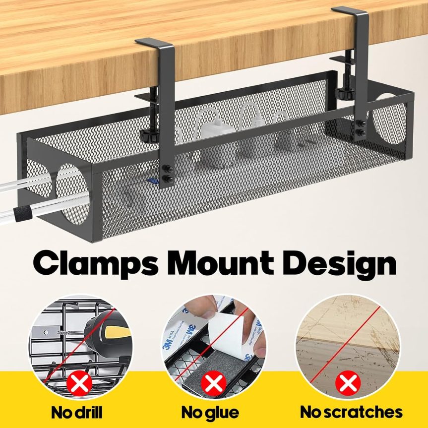 Under Desk Cable Management Tray No Drill 15.4’’, Metal Mesh Cable Management Box with Hybrid Side Slots & Reinforced Basket,Adjustable Cable Tray with Wire Management for Office Home,1 Pack (Black) - Image 3