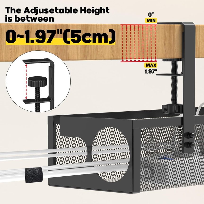Under Desk Cable Management Tray No Drill 15.4’’, Metal Mesh Cable Management Box with Hybrid Side Slots & Reinforced Basket,Adjustable Cable Tray with Wire Management for Office Home,1 Pack (Black) - Image 4