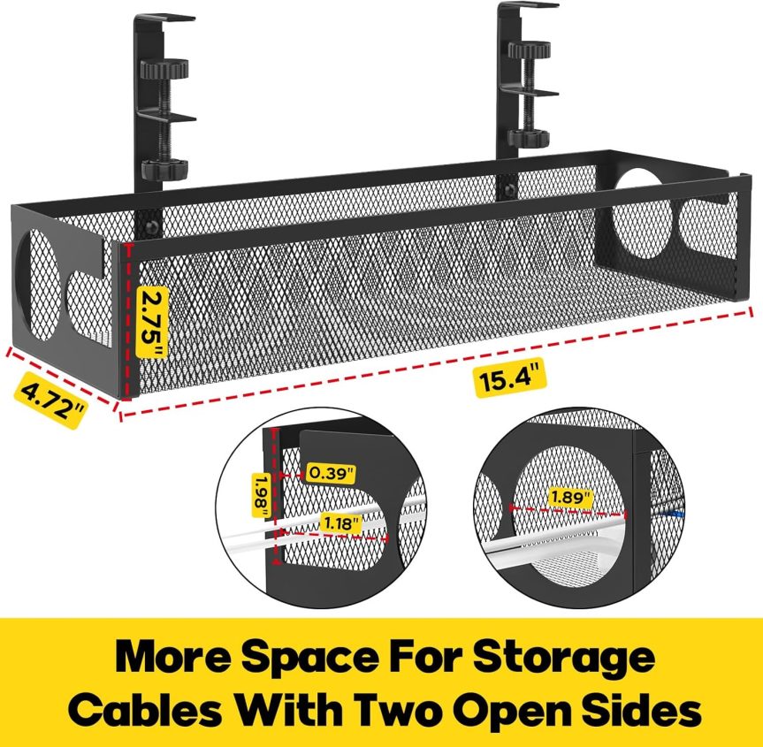 Under Desk Cable Management Tray No Drill 15.4’’, Metal Mesh Cable Management Box with Hybrid Side Slots & Reinforced Basket,Adjustable Cable Tray with Wire Management for Office Home,1 Pack (Black) - Image 5
