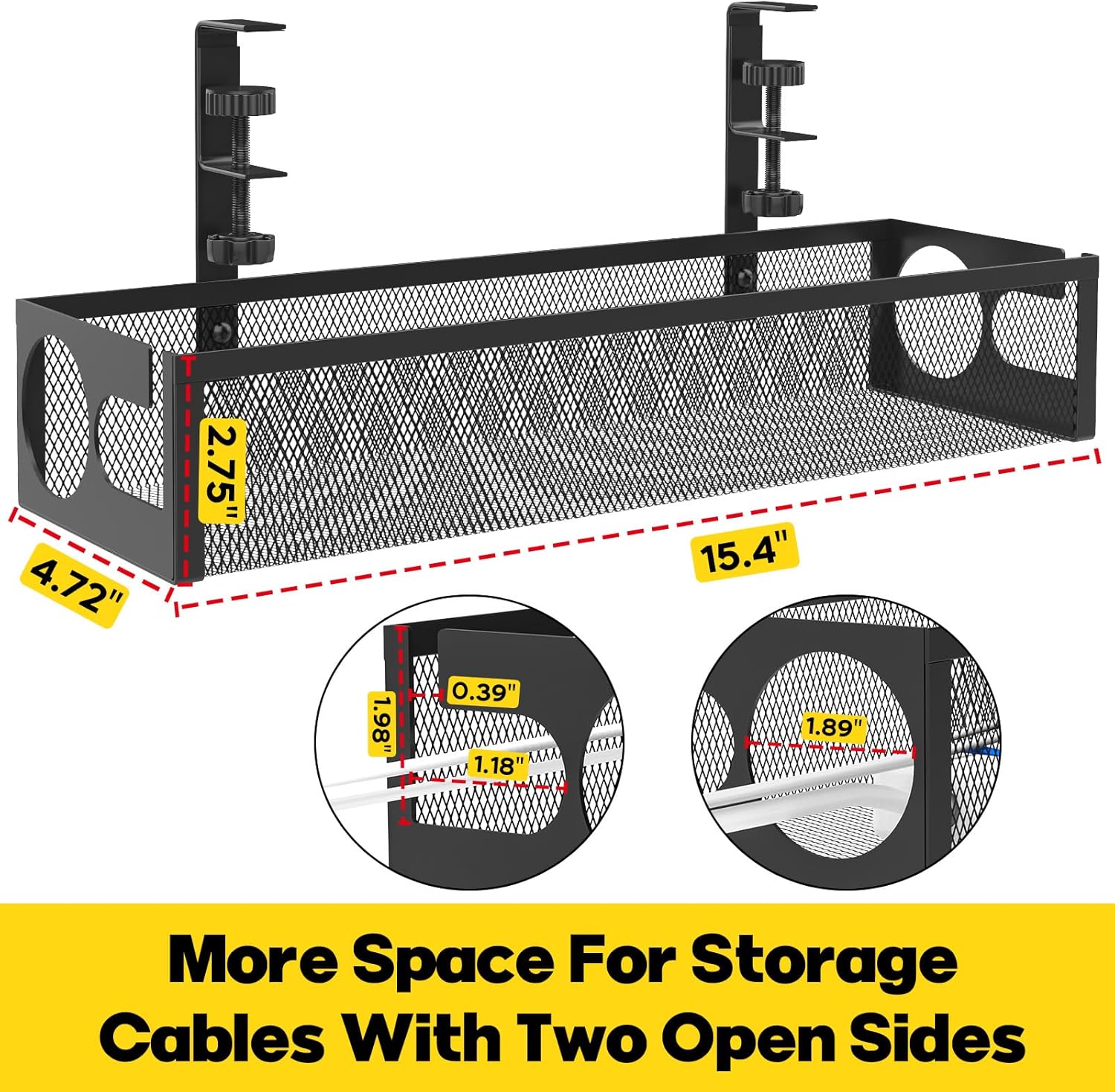 Under Desk Cable Management Tray No Drill 15.4’’, Metal Mesh Cable Management Box with Hybrid Side Slots & Reinforced Basket,Adjustable Cable Tray with Wire Management for Office Home,1 Pack (Black) - Image 5