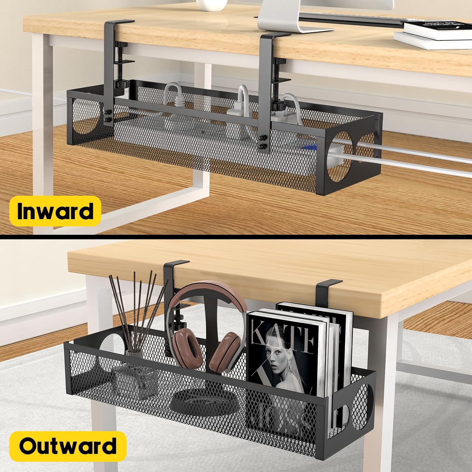 Under Desk Cable Management Tray No Drill 15.4’’, Metal Mesh Cable Management Box with Hybrid Side Slots & Reinforced Basket,Adjustable Cable Tray with Wire Management for Office Home,1 Pack (Black) - Image 7